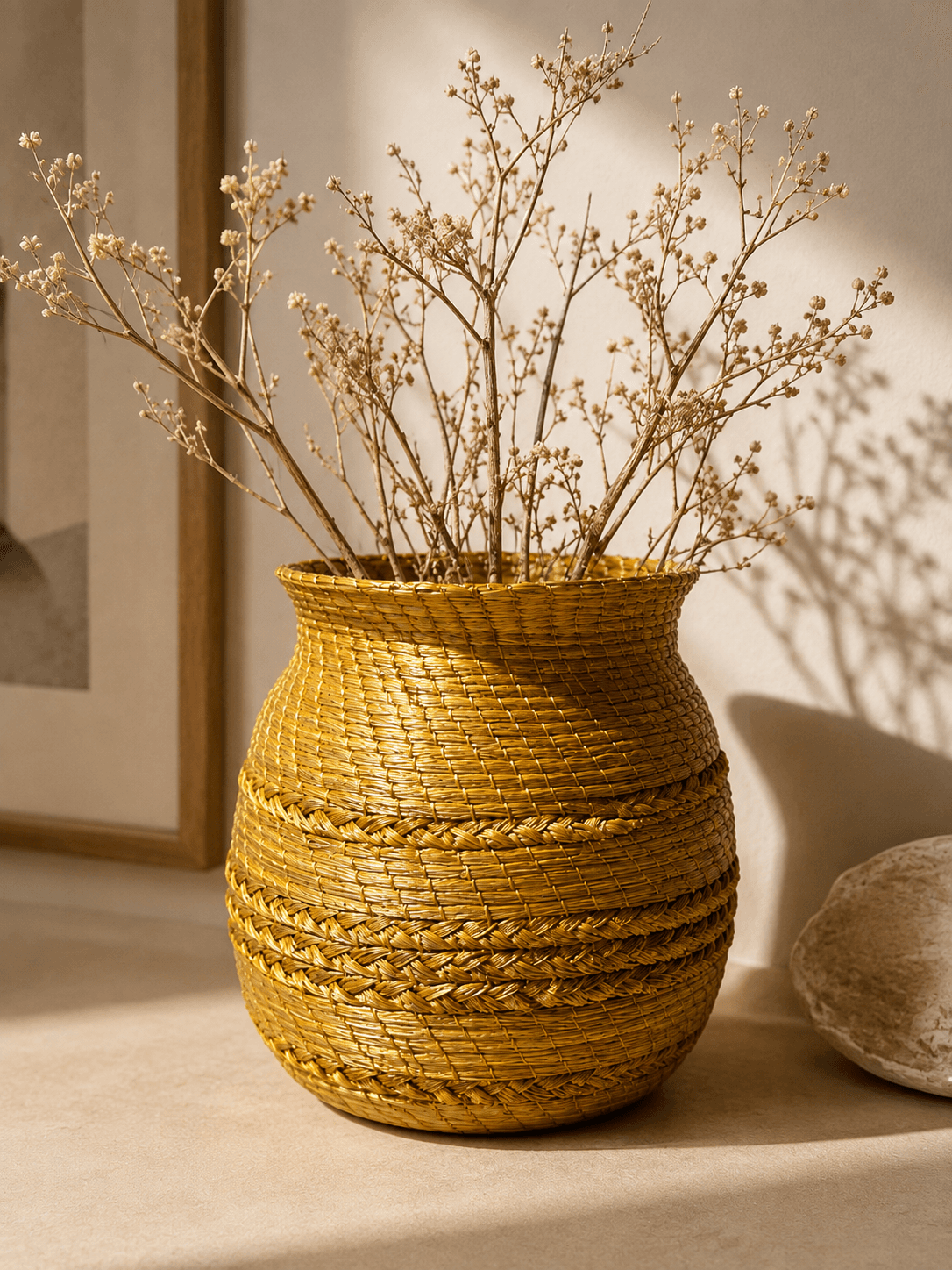 Cesto Raízes dourado com diferentes tramas artesanais e ramos secos