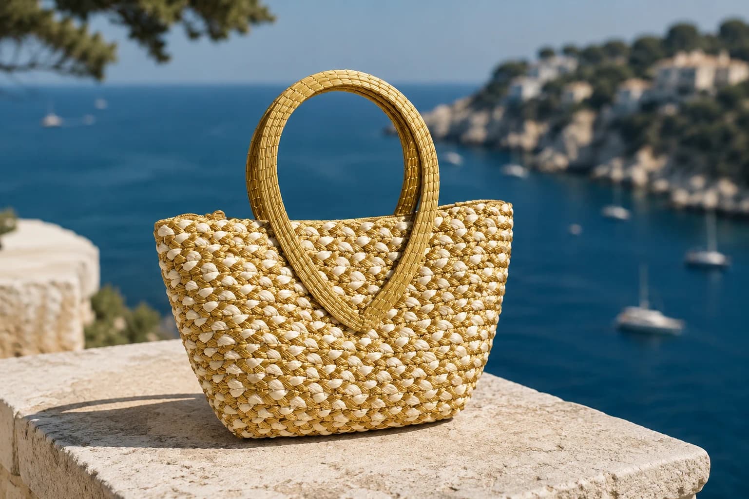 Bolsa Riviera artesanal em fibras claras e douradas diante do mar