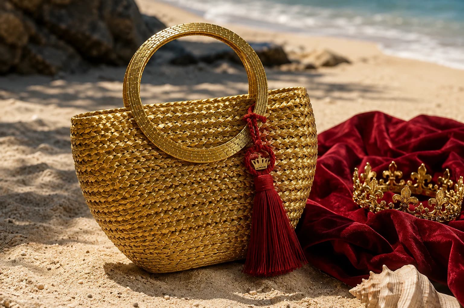 Bolsa Royale dourada artesanal com alças circulares à beira-mar