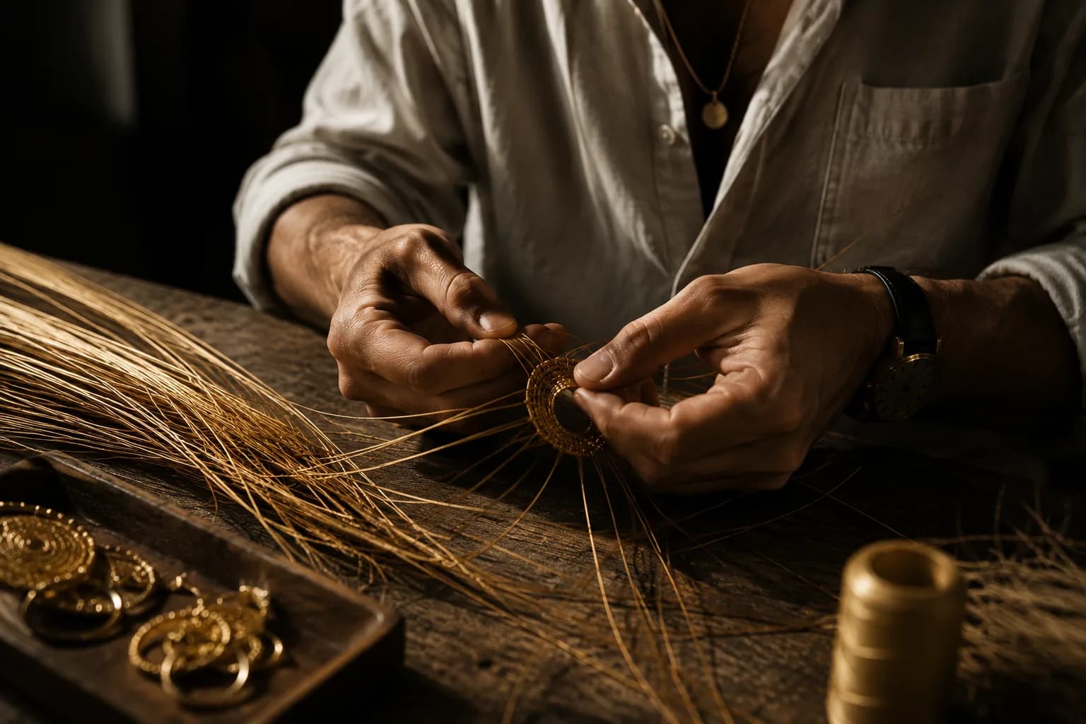 Mãos trabalhando artesanalmente com fibras naturais